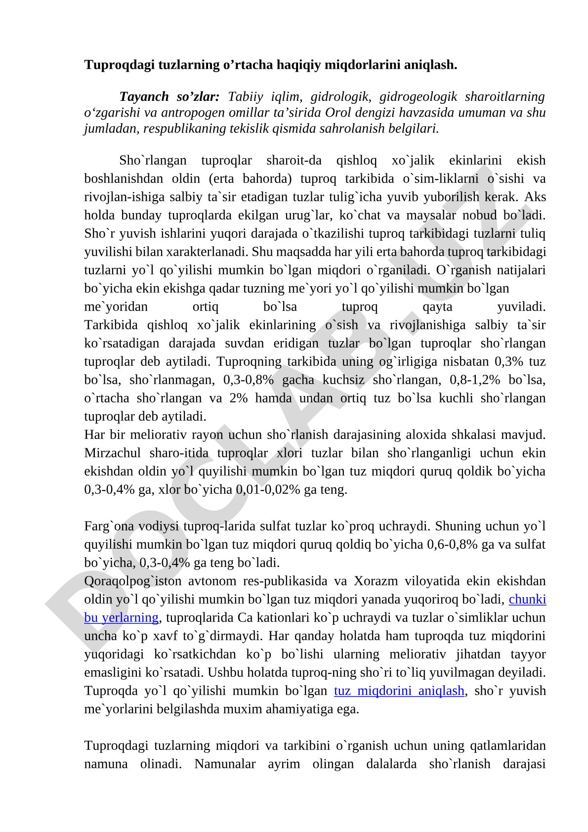 Tuproqdagi tuzlarning o'rtacha haqiqiy miqdorlarini aniqlash