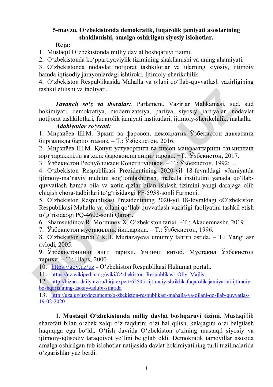 O‘zbekistonda demokratik, fuqarolik jamiyati asoslarining shakllanishi va siyosiy islohotlar