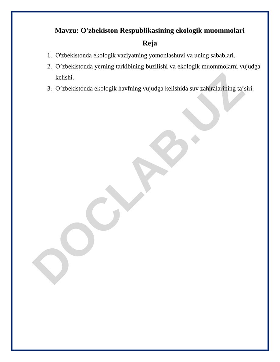 O'zbekiston Respublikasining ekologik muommolari