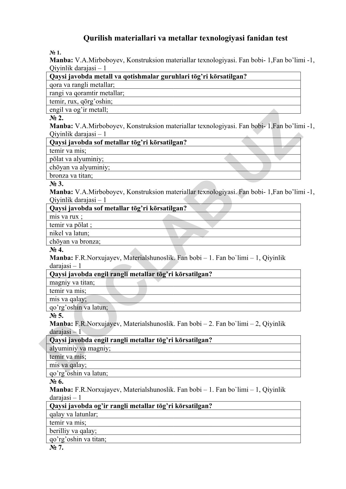 Konstruksion materiallar texnologiyasi fanidan test № 1