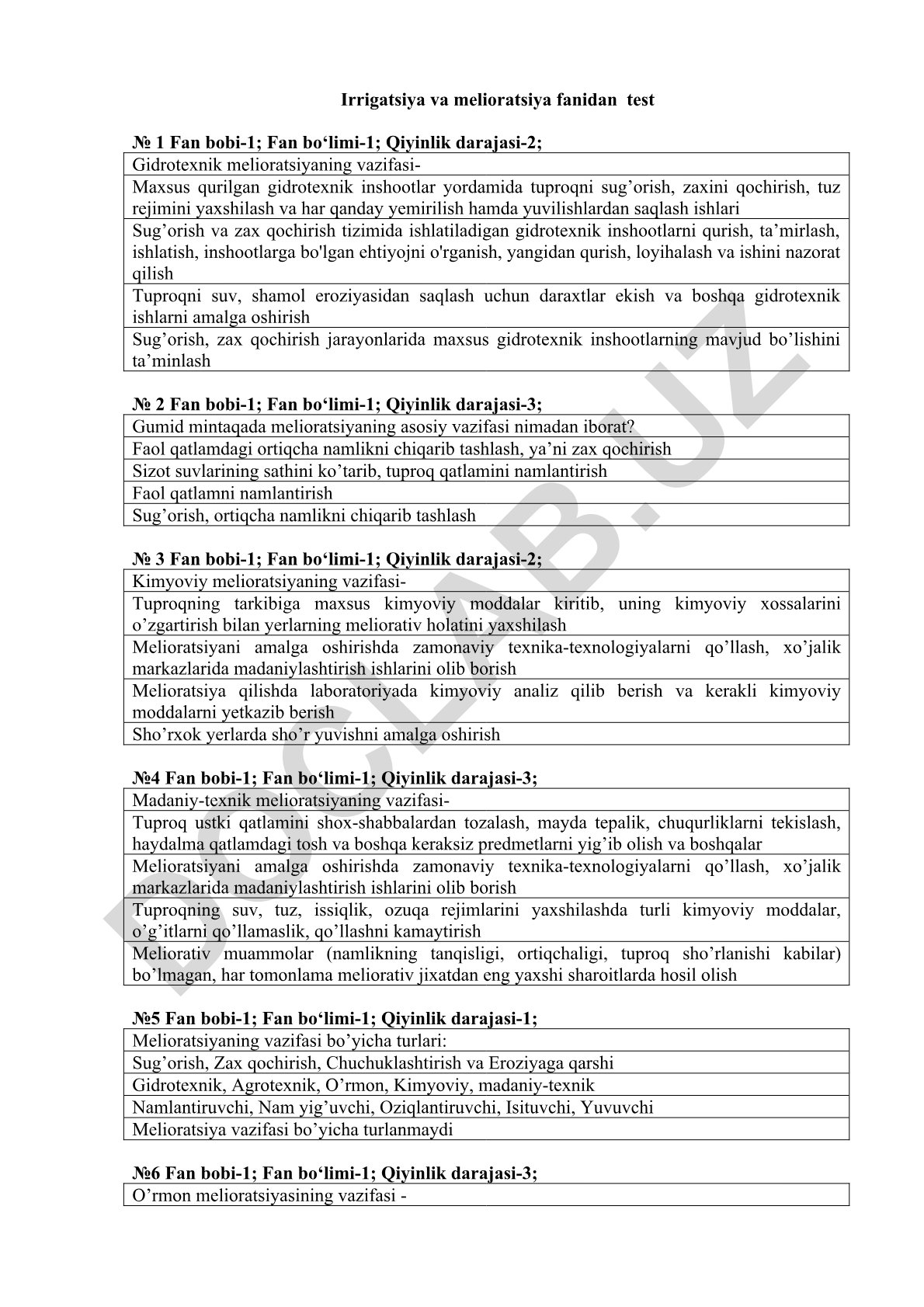 Irrigatsiya va melioratsiya fanidan test № 1