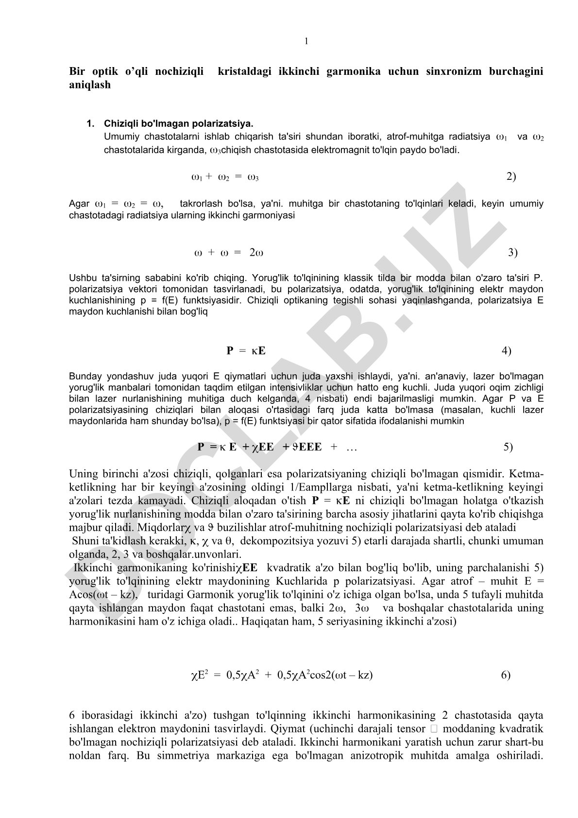 Bir optik o’qli nochiziqli kristaldagi ikkinchi garmonika uchun sinxronizm burchagini aniqlash
