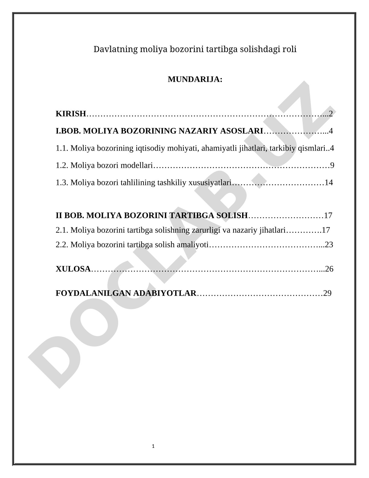 Davlatning moliya bozorini tartibga solishdagi roli