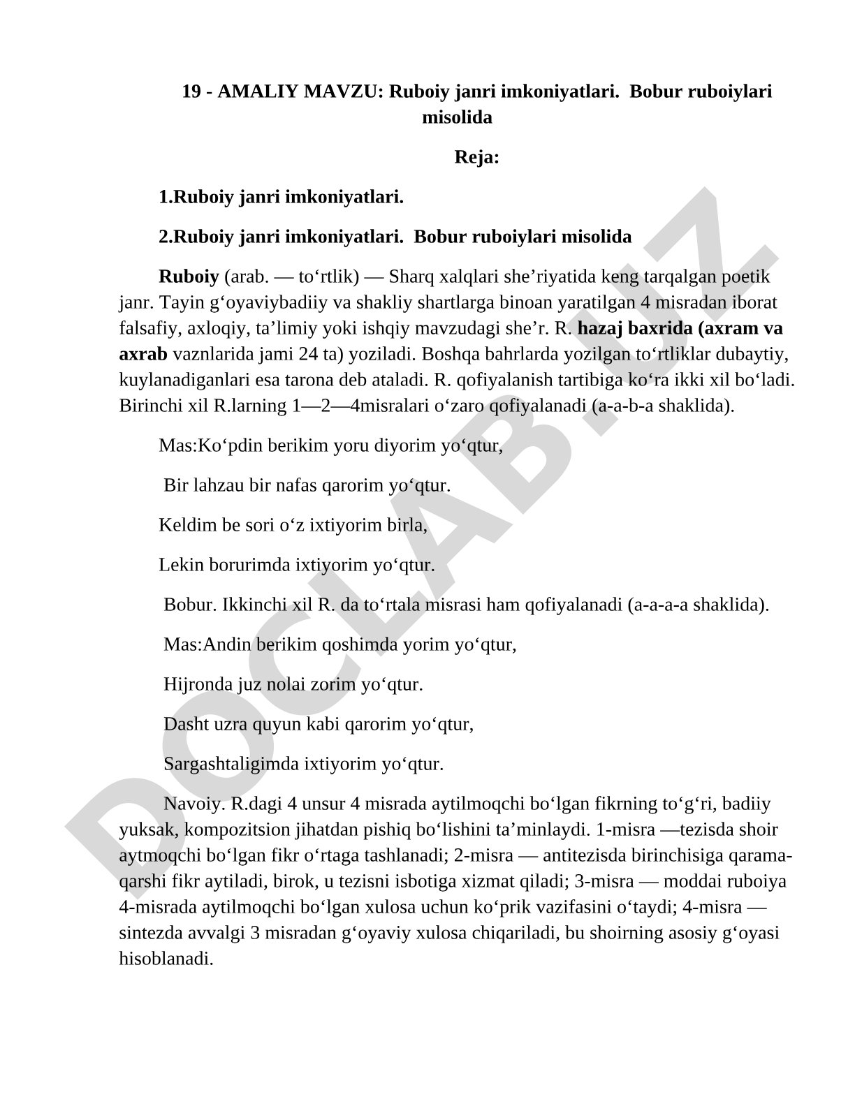 Ruboiy janri imkoniyatlari. Bobur ruboiylari misolida