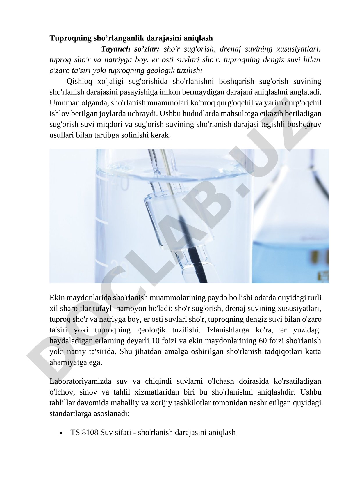 Tuproqning sho’rlanganlik darajasini aniqlash