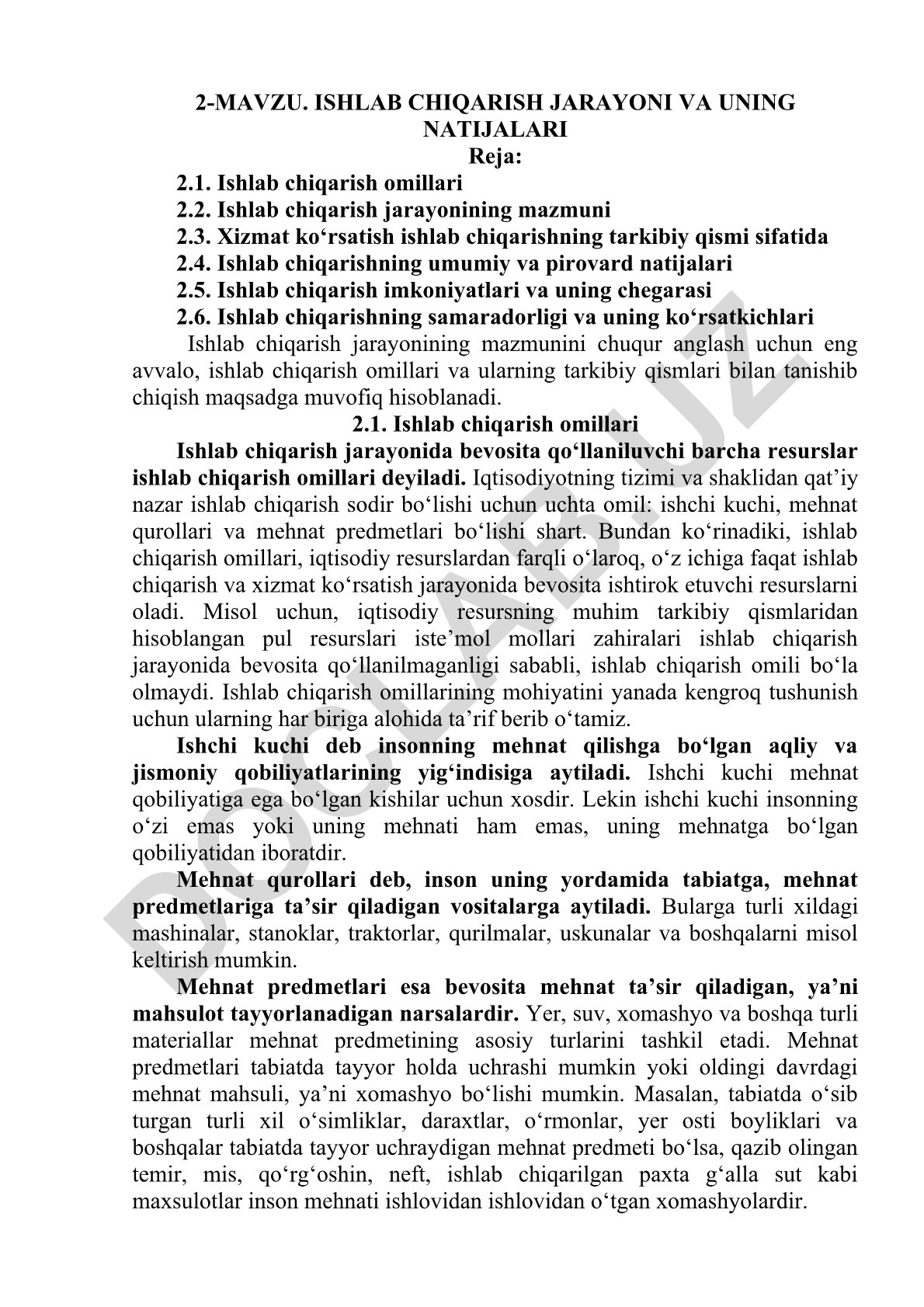 Ishlab chiqarish jarayoni va uning natijalari