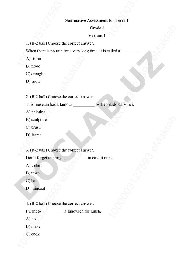 Grade 6 Term 1 Summative Assessment Variant 1