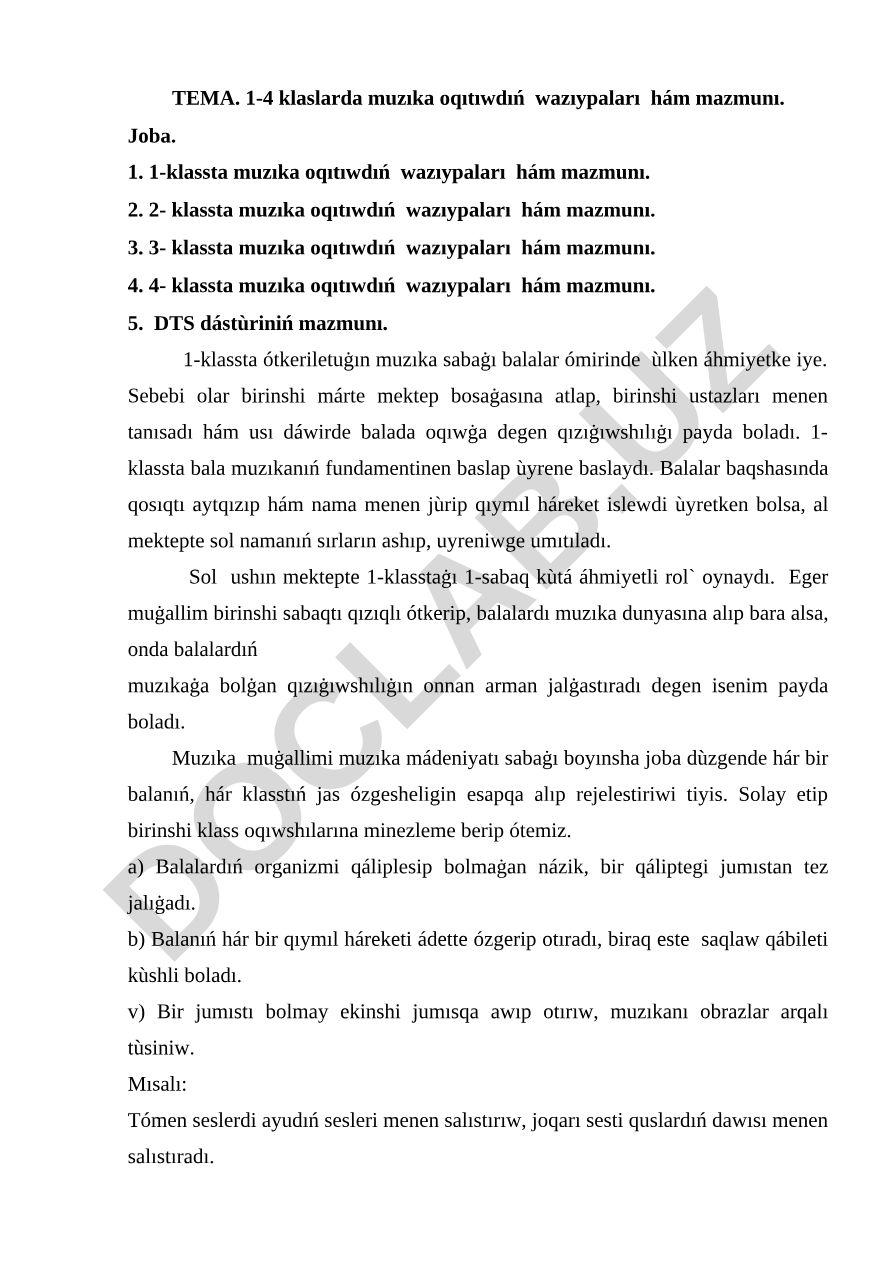 1-4 klaslarda muzıka oqıtıwdıń wazıypaları hám mazmunı