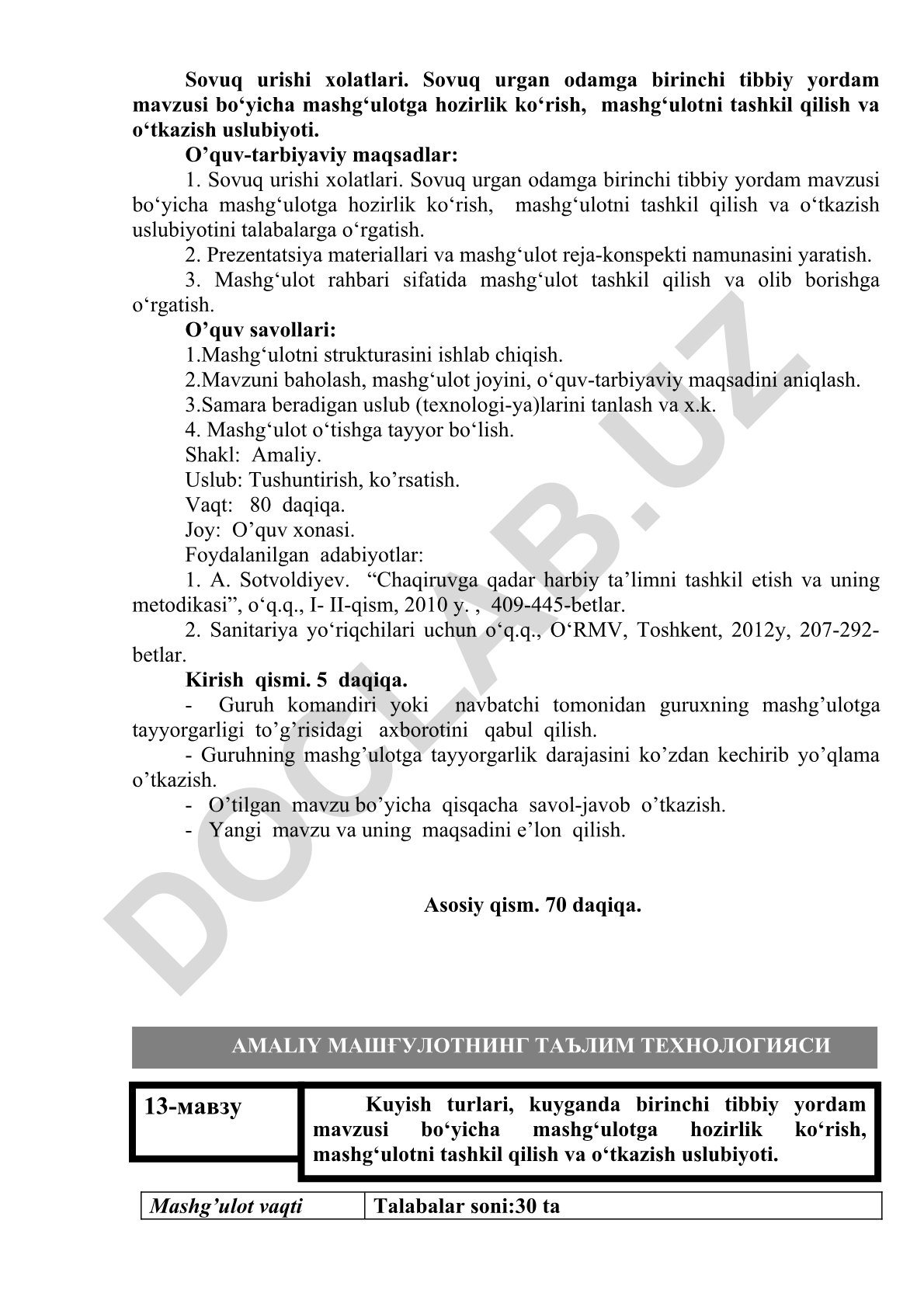 Sovuq urishi holatlari va birinchi tibbiy yordam mashg'uloti