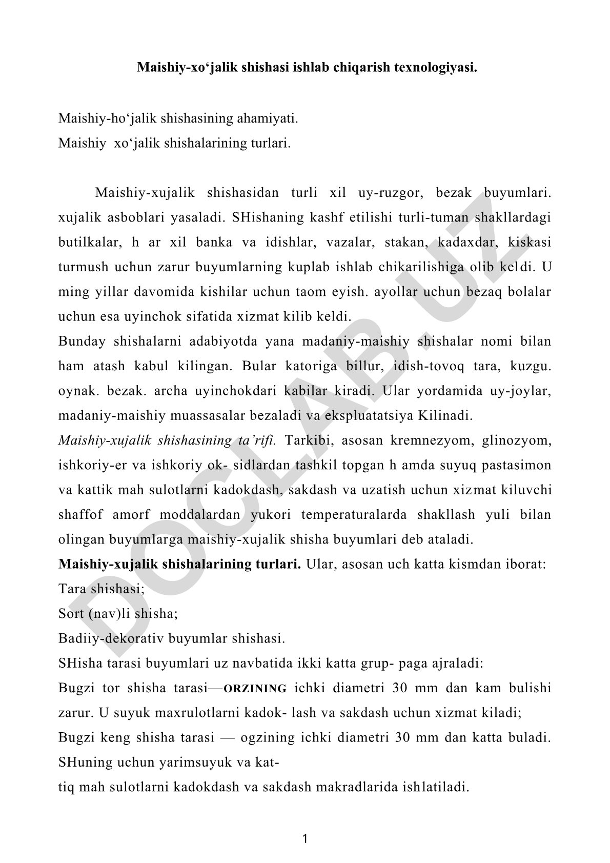 Maishiy-xo‘jalik shishasi ishlab chiqarish texnologiyasi va turlari