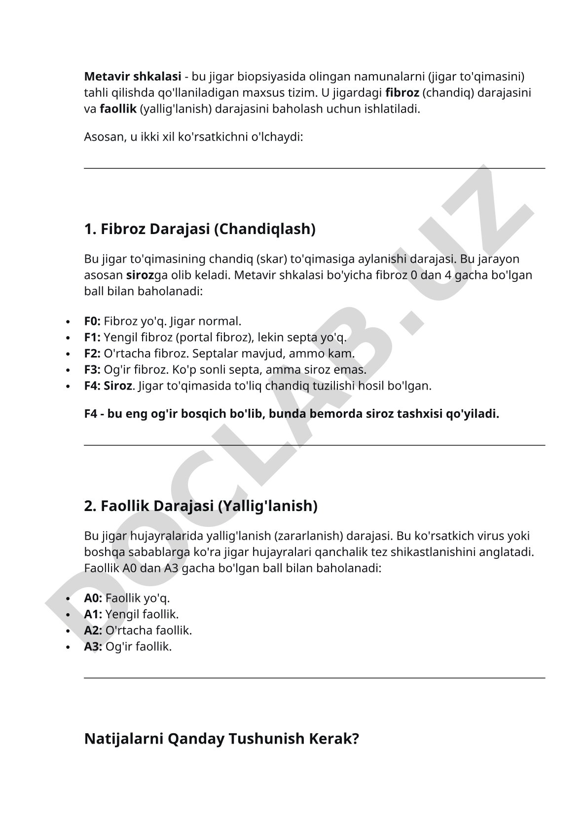 Metavir shkalasi - jigar fibroz va faollik darajalari