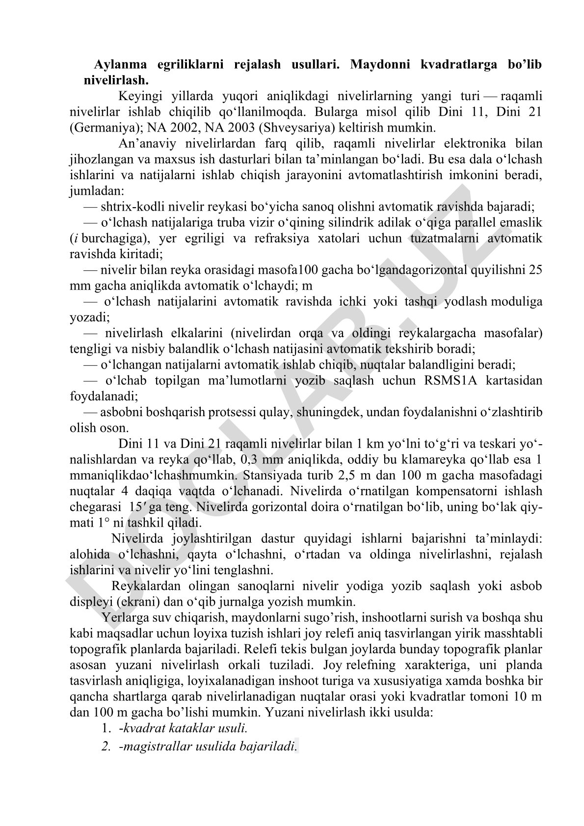Aylanma egriliklarni rejalash usullari va raqamli nivelirlash