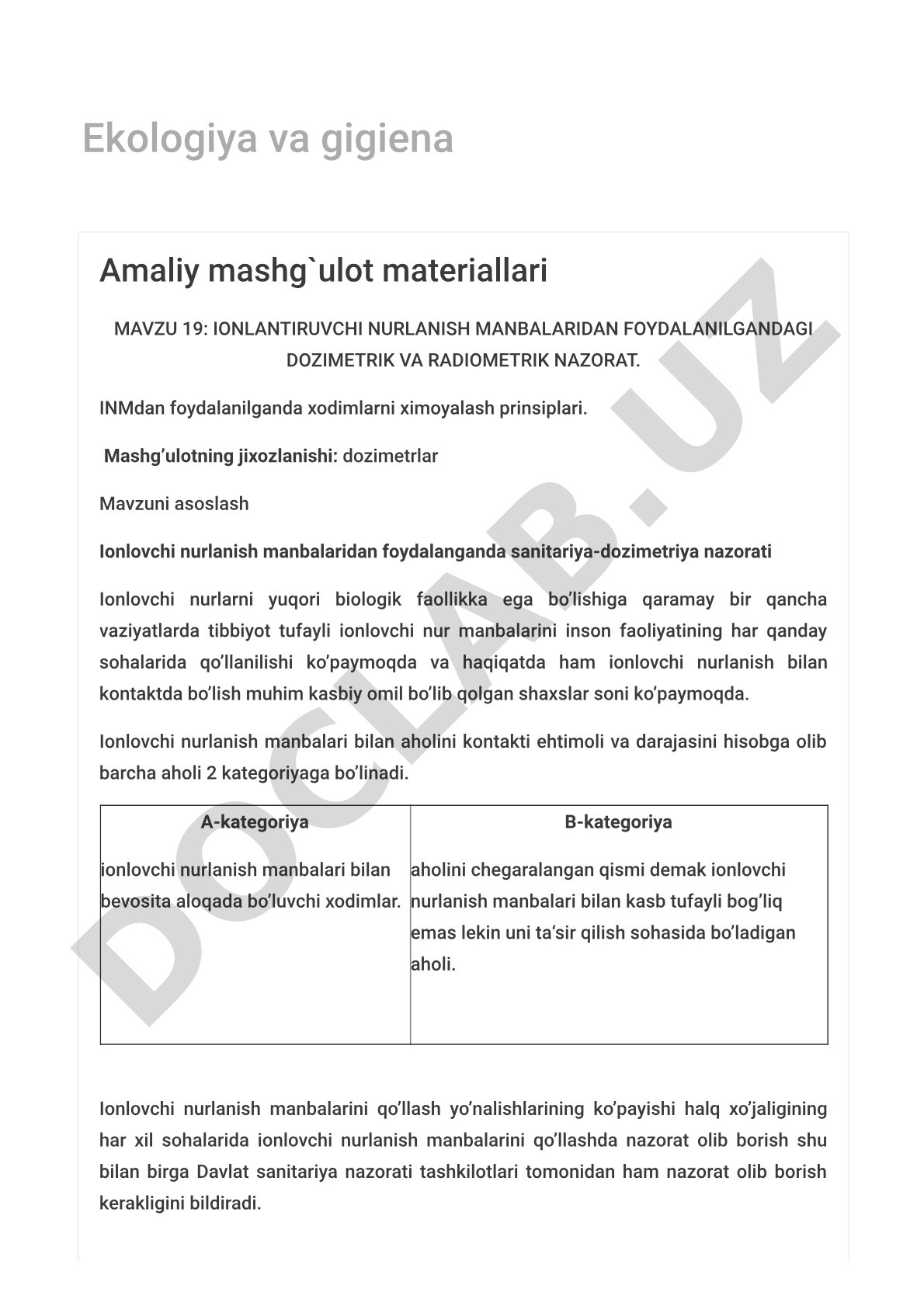 Ionlantiruvchi nurlanish manbalaridan foydalanilgandagi dozimetrik va radiometrik nazorat