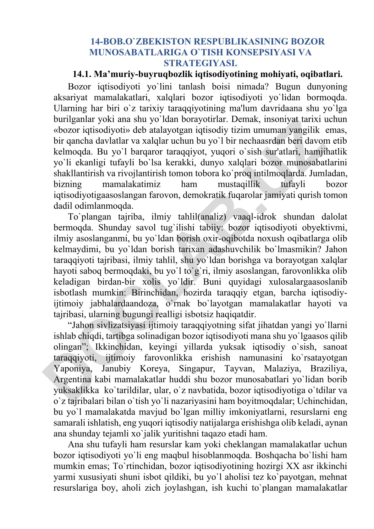 O'zbekiston Respublikasining bozor munosabatlariga o'tish konsepsiyasi va strategiyasi