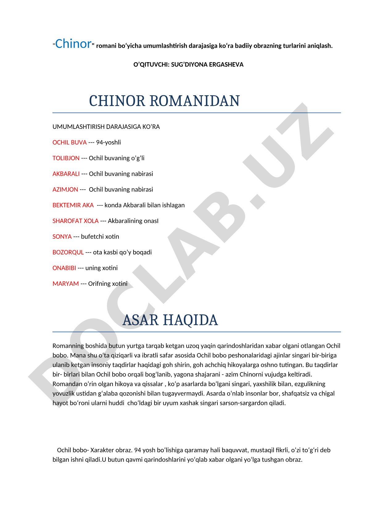 Chinor romani bo'yicha umumlashtirish darajasiga ko'ra badiiy obrazning turlarini aniqlash
