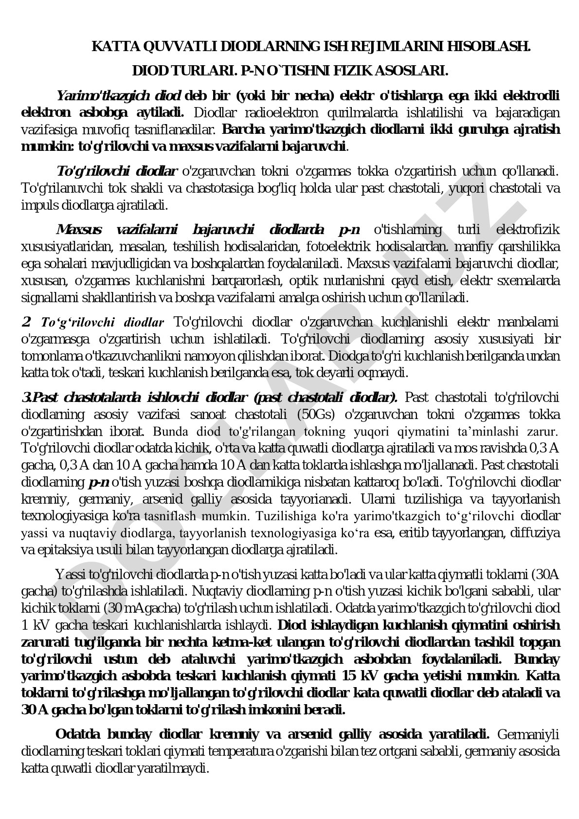 Katta quvvatli diodlarning ish rejimlarini hisoblash. Diod turlari. P-n o'tishni fizik asoslari
