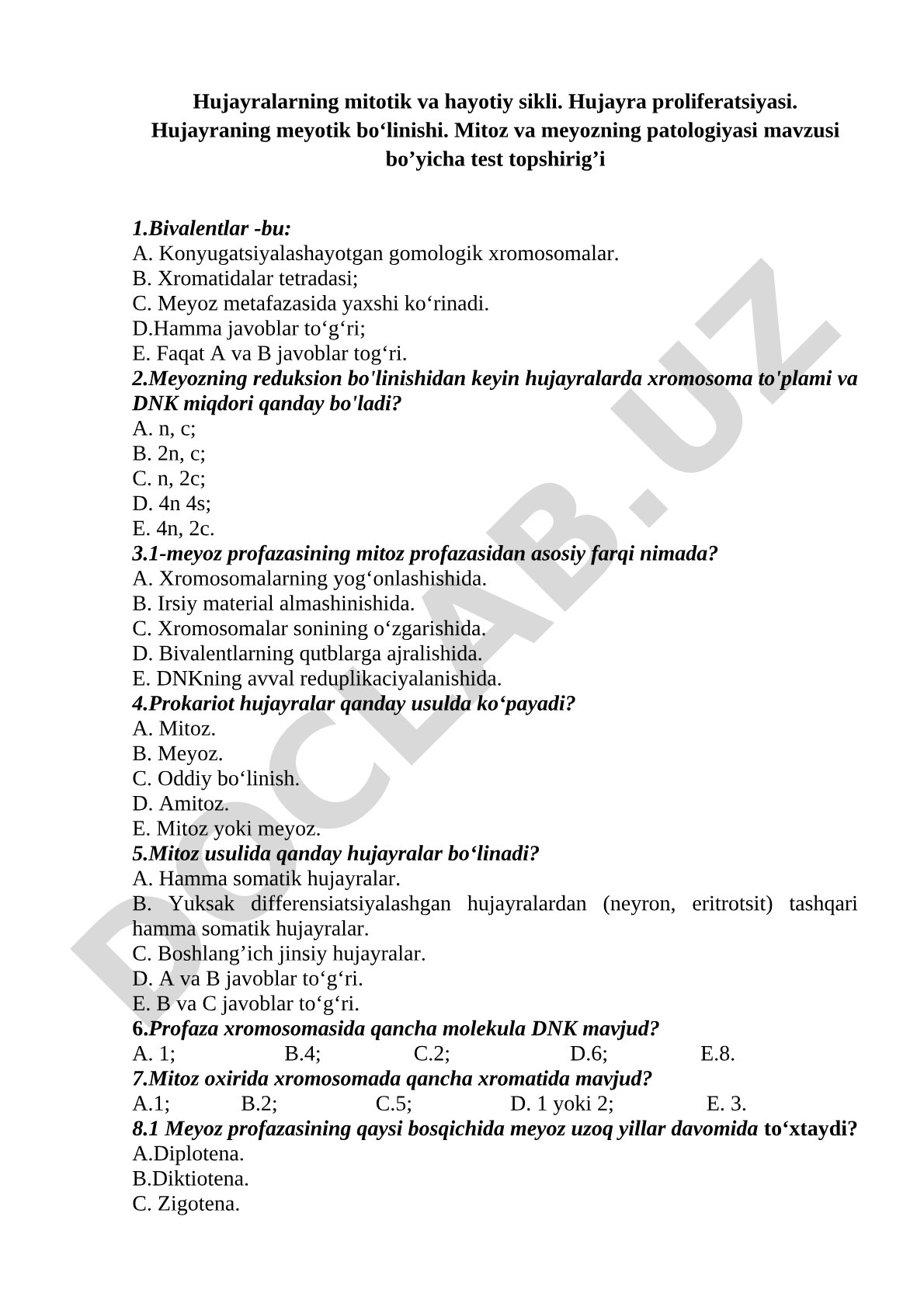 Hujayralarning mitotik va hayotiy sikli, proliferatsiyasi va meyotik bo'linishi testi