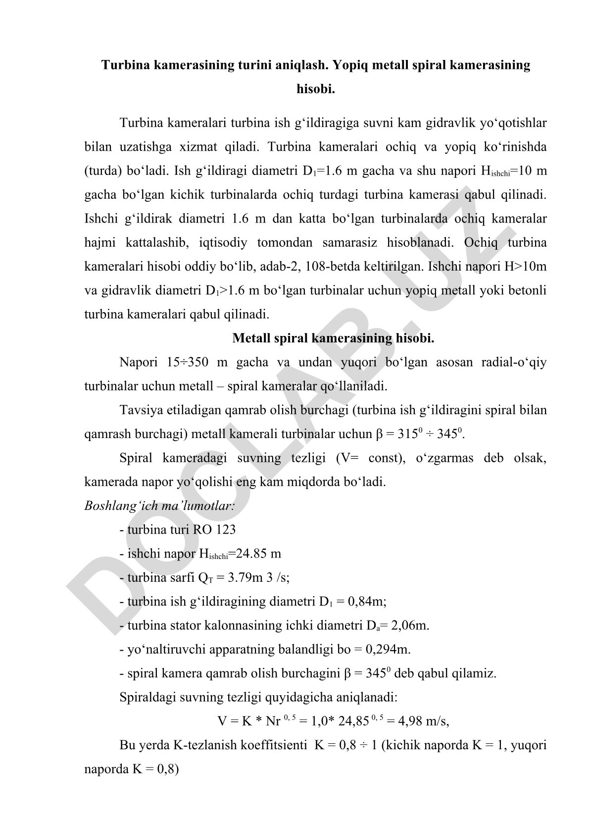 Turbina kameralari turlari va yopiq metall spiral kamerasining hisobi