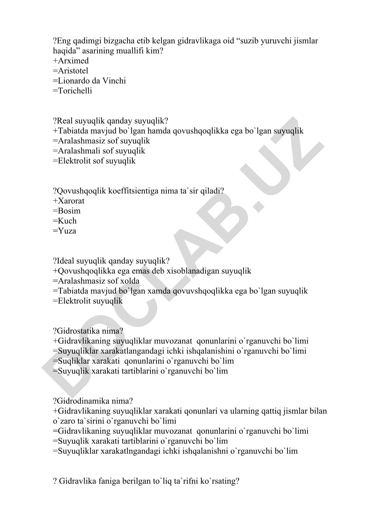 Gidravlika faniga oid test savollari