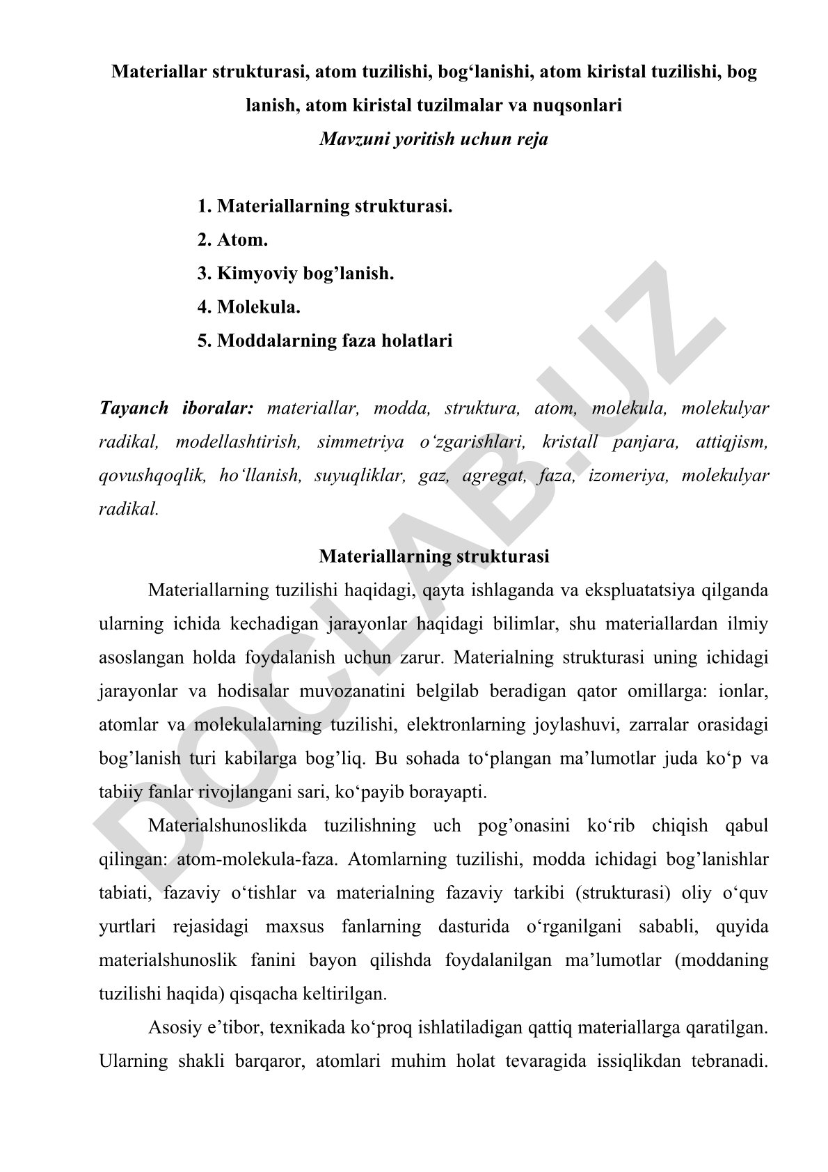 Materiallar strukturasi, atom tuzilishi va kimyoviy bog'lanish