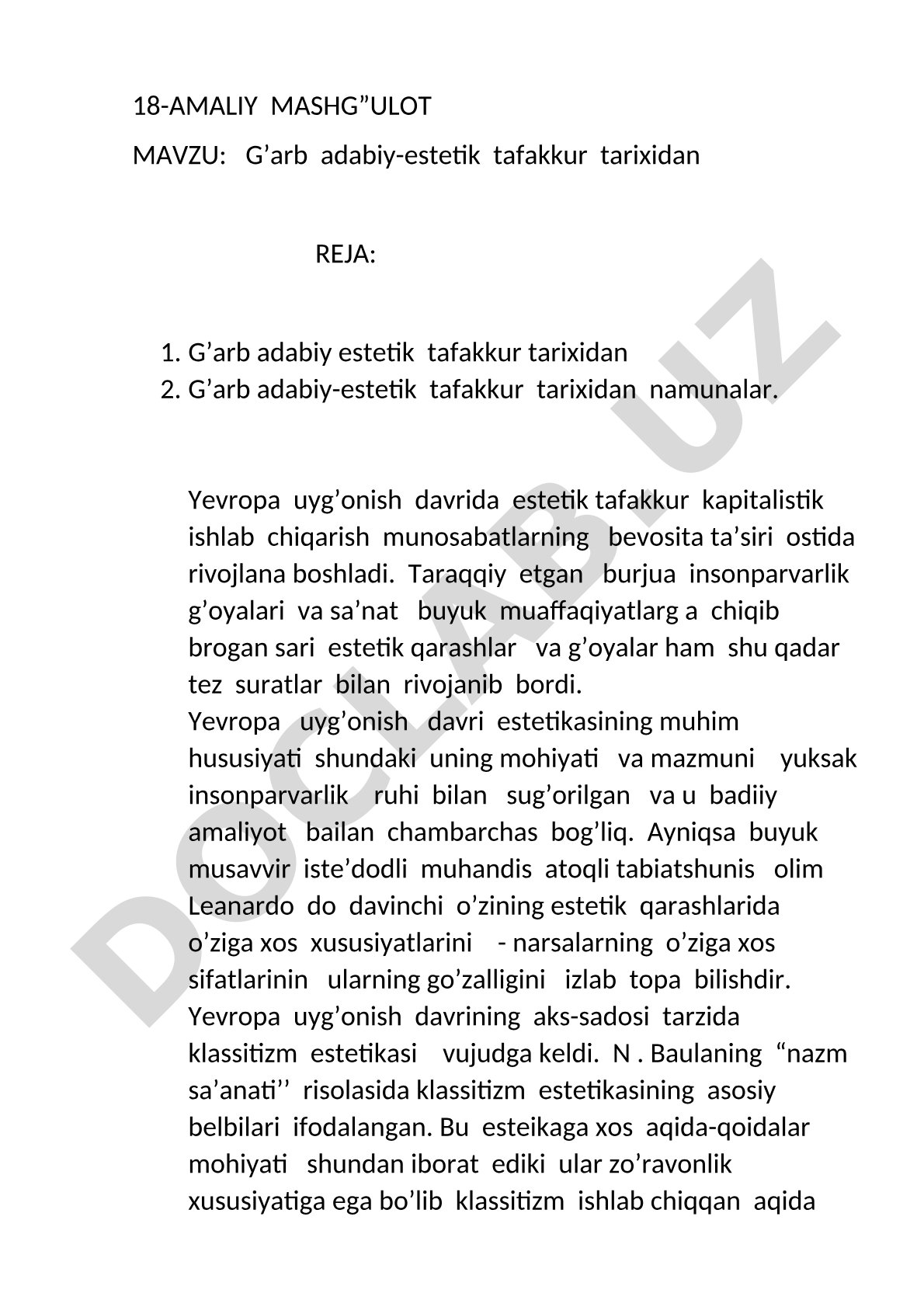 G’arb adabiy-estetik tafakkur tarixidan