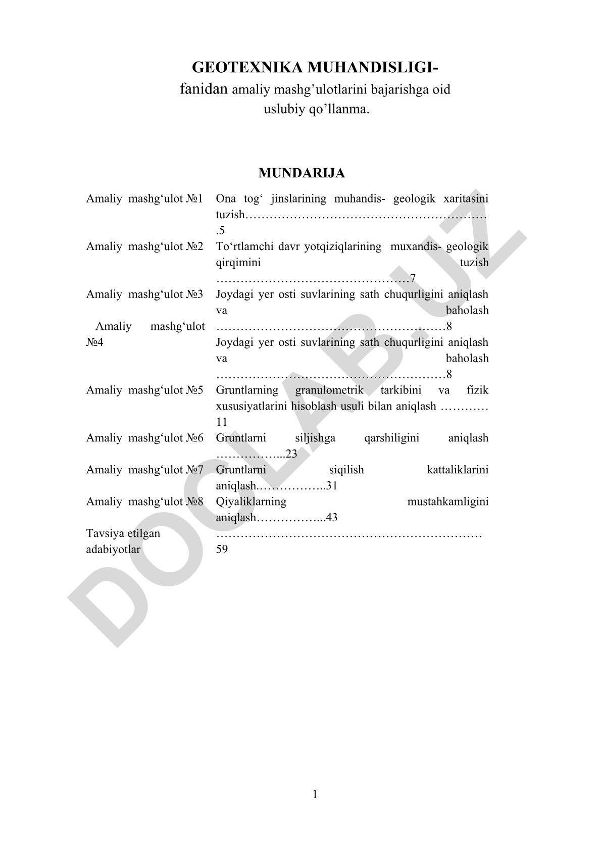 Geotexnika muhandisligi fanidan amaliy mashg'ulotlar uslubiy qo'llanmasi