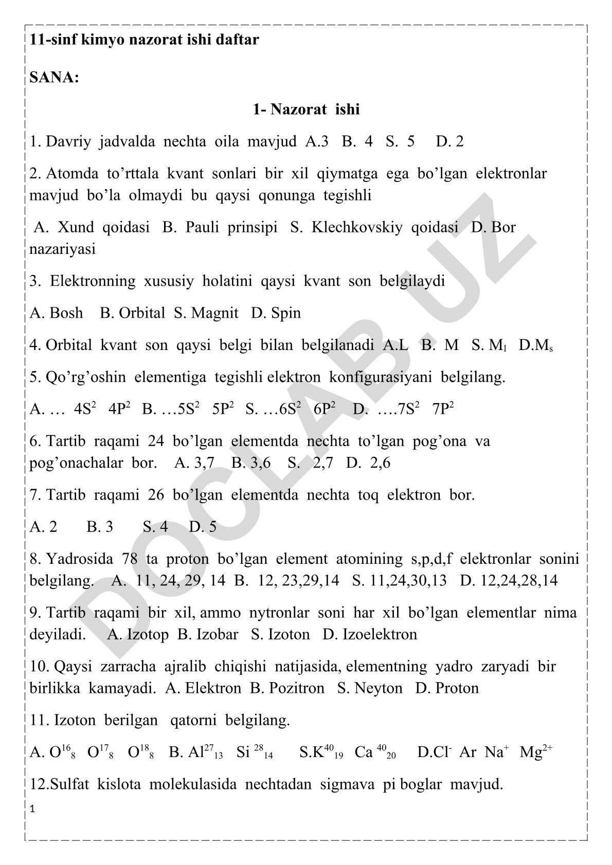 Kimyo fanidan nazorat ishi savollari
