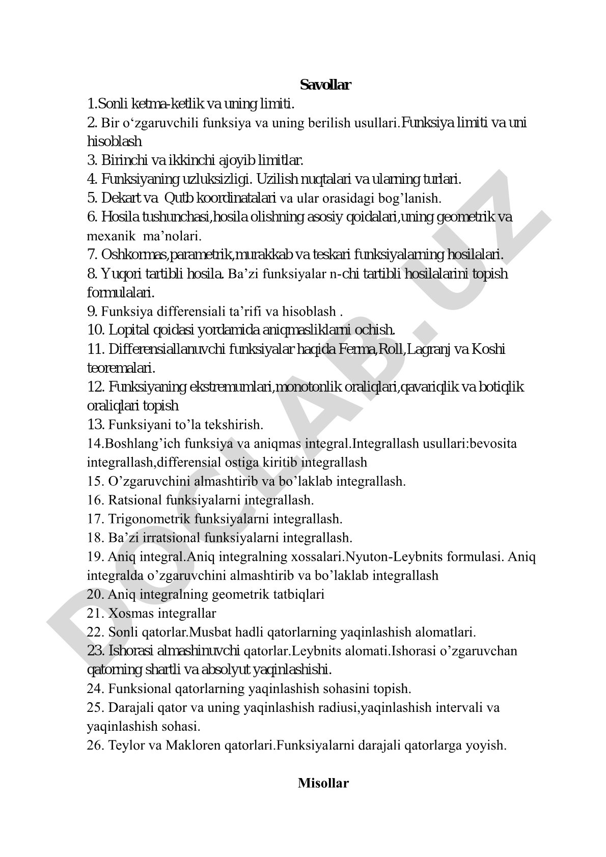 Matematik analiz asoslari: limit, hosila, integral