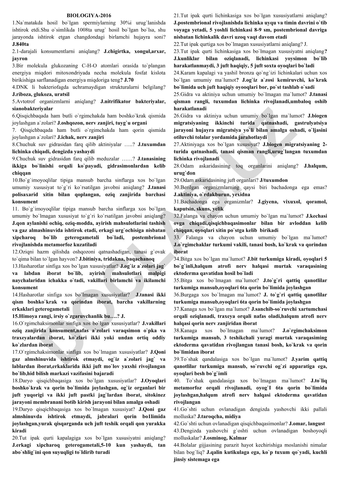 Biologiya fanidan test savollari va javoblari