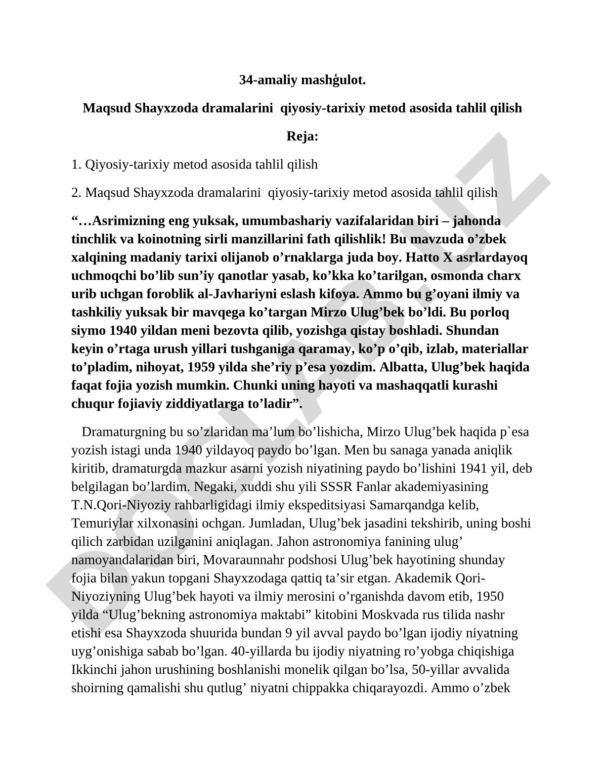 Maqsud Shayxzoda dramalarini qiyosiy-tarixiy metod asosida tahlil qilish