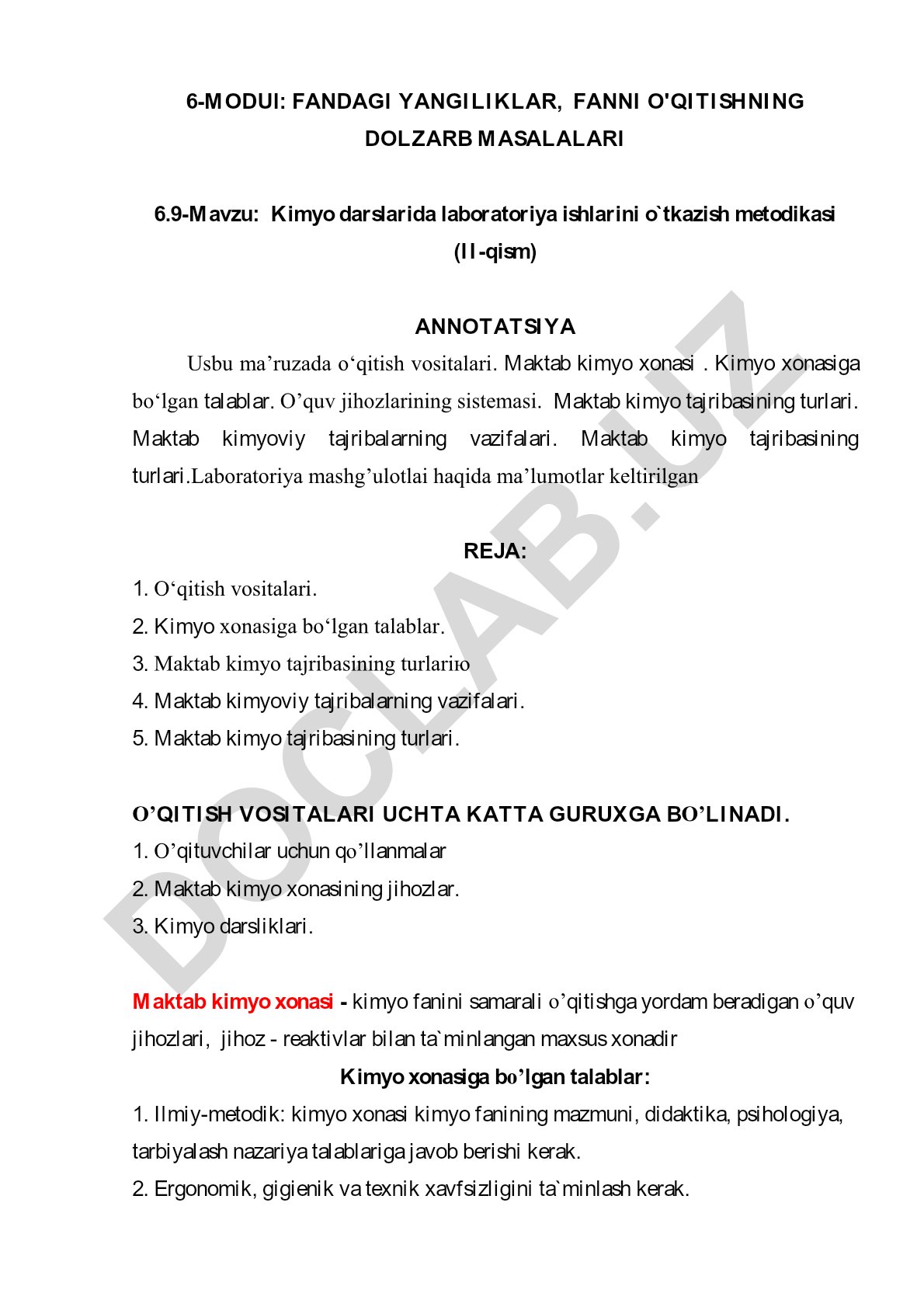 Kimyo darslarida laboratoriya ishlarini o'tkazish metodikasi
