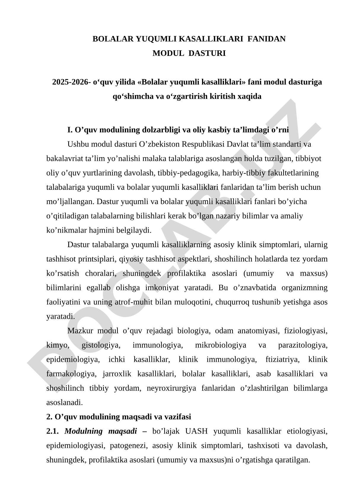Bolalar yuqumli kasalliklari fanidan modul dasturi