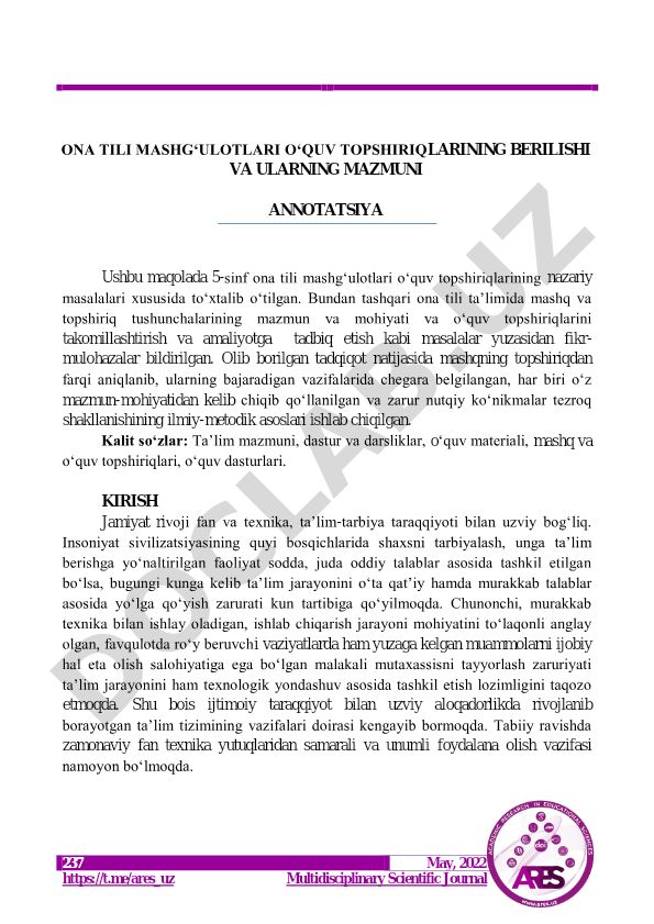 Ona tili mashg'ulotlari o'quv topshiriqlarining berilishi va ularning mazmuni