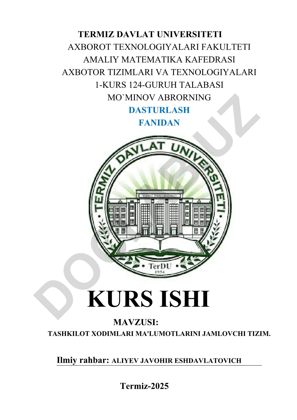 Tashkilot xodimlari ma'lumotlarini jamlovchi tizim