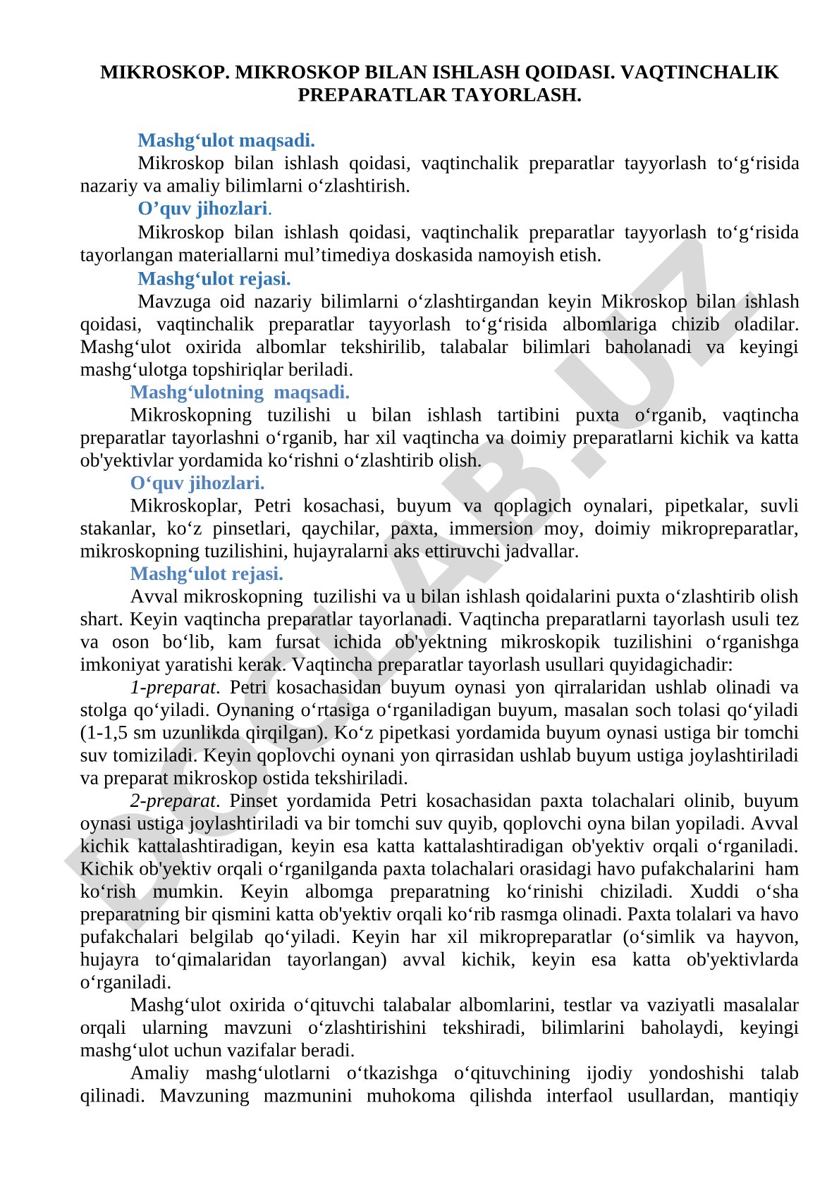 Mikroskop bilan ishlash qoidasi va vaqtinchalik preparatlar tayyorlash