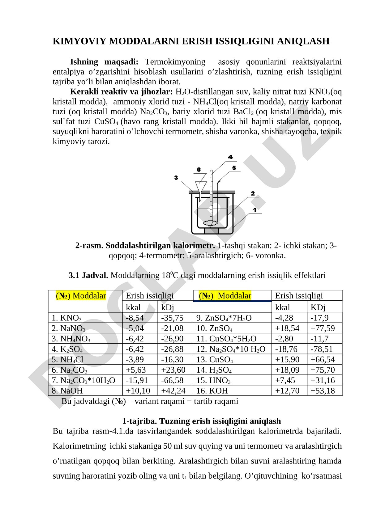 Kimyoviy moddalarni erish issiqligini aniqlash
