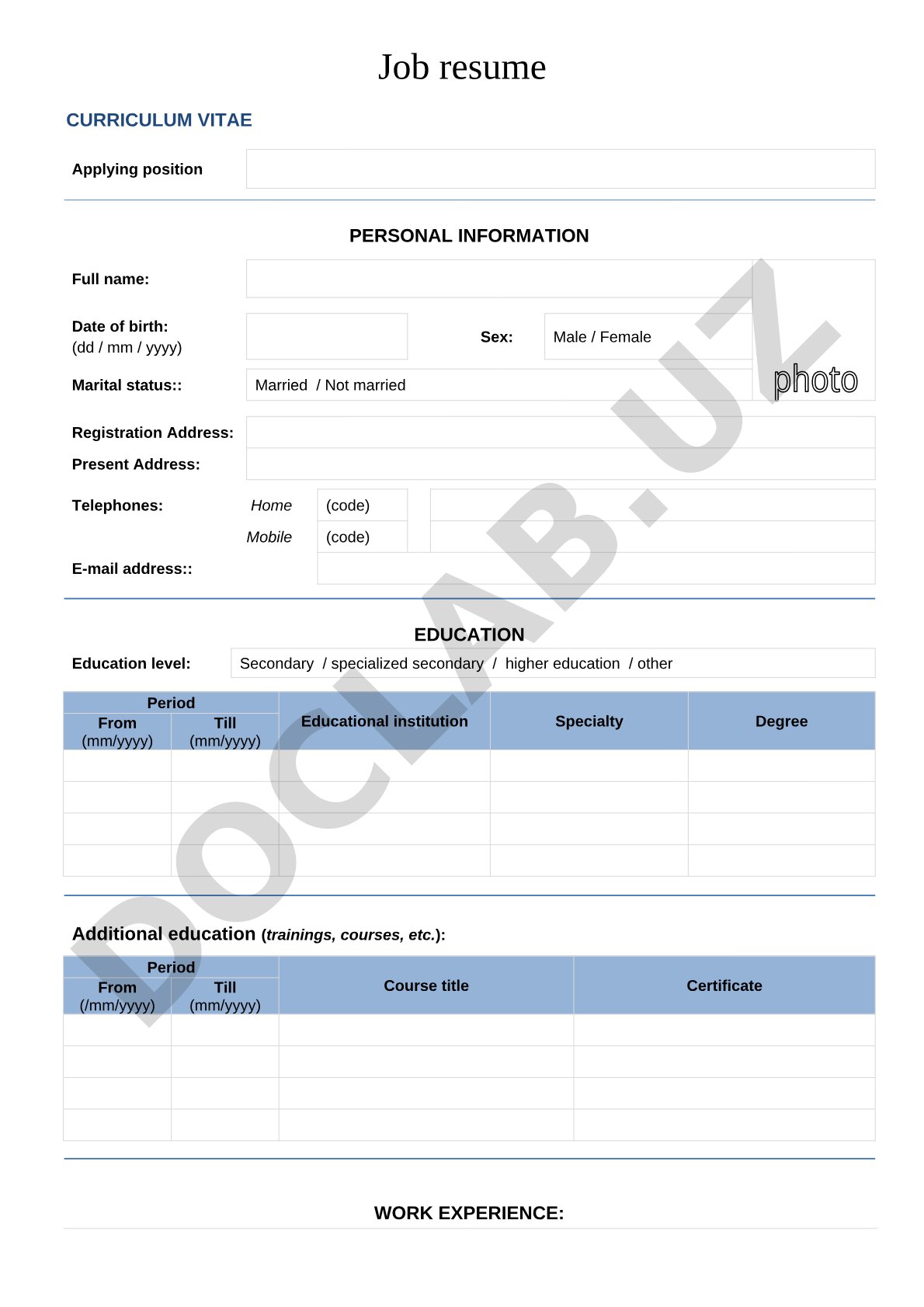 Job Resume Curriculum Vitae