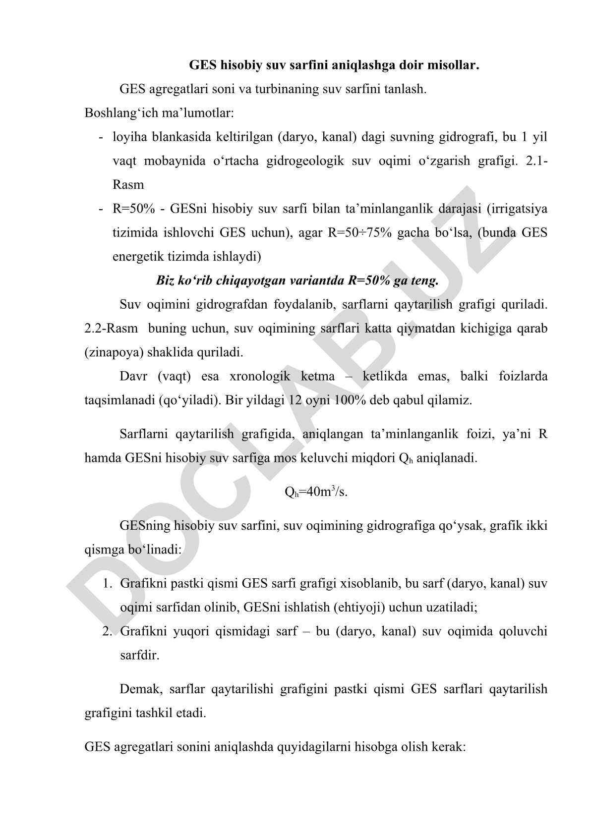 GES hisobiy suv sarfini aniqlashga doir misollar