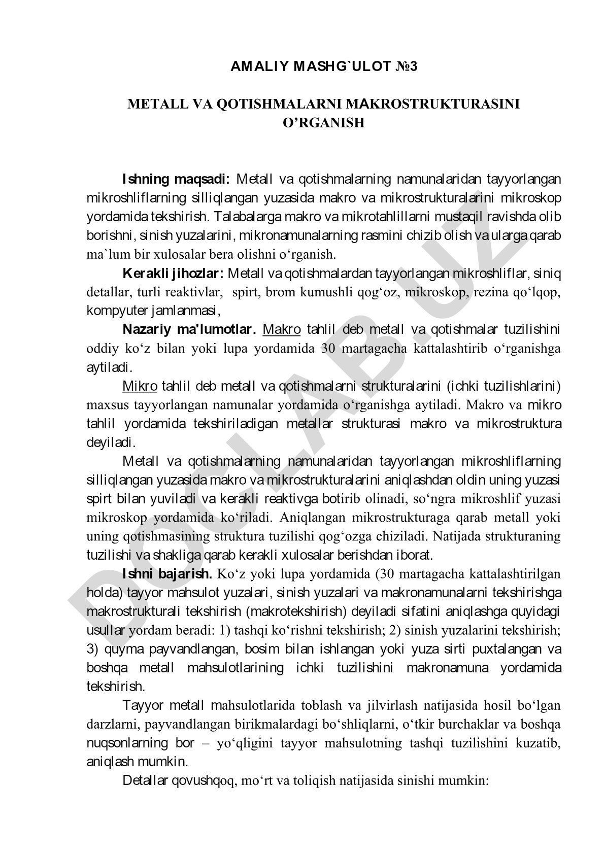 Metall va qotishmalarning makro va mikrostrukturasini o'rganish