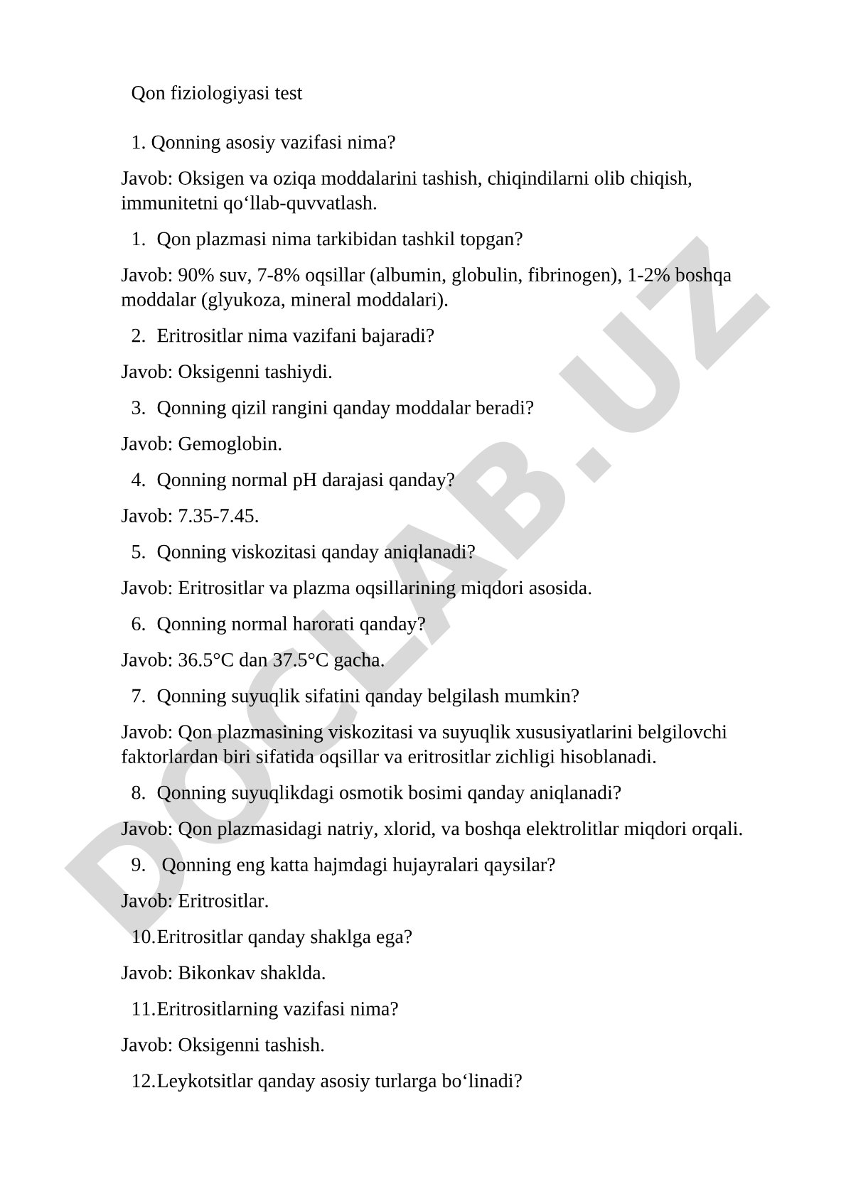 Qon fiziologiyasi bo'yicha test savollari va javoblari