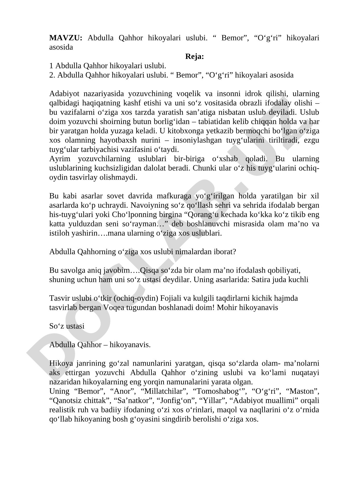 Аbdullа Qаhhоr hikоyalаri uslubi. “ Bеmоr”, “O‘g‘ri” hikоyalаri аsоsidа