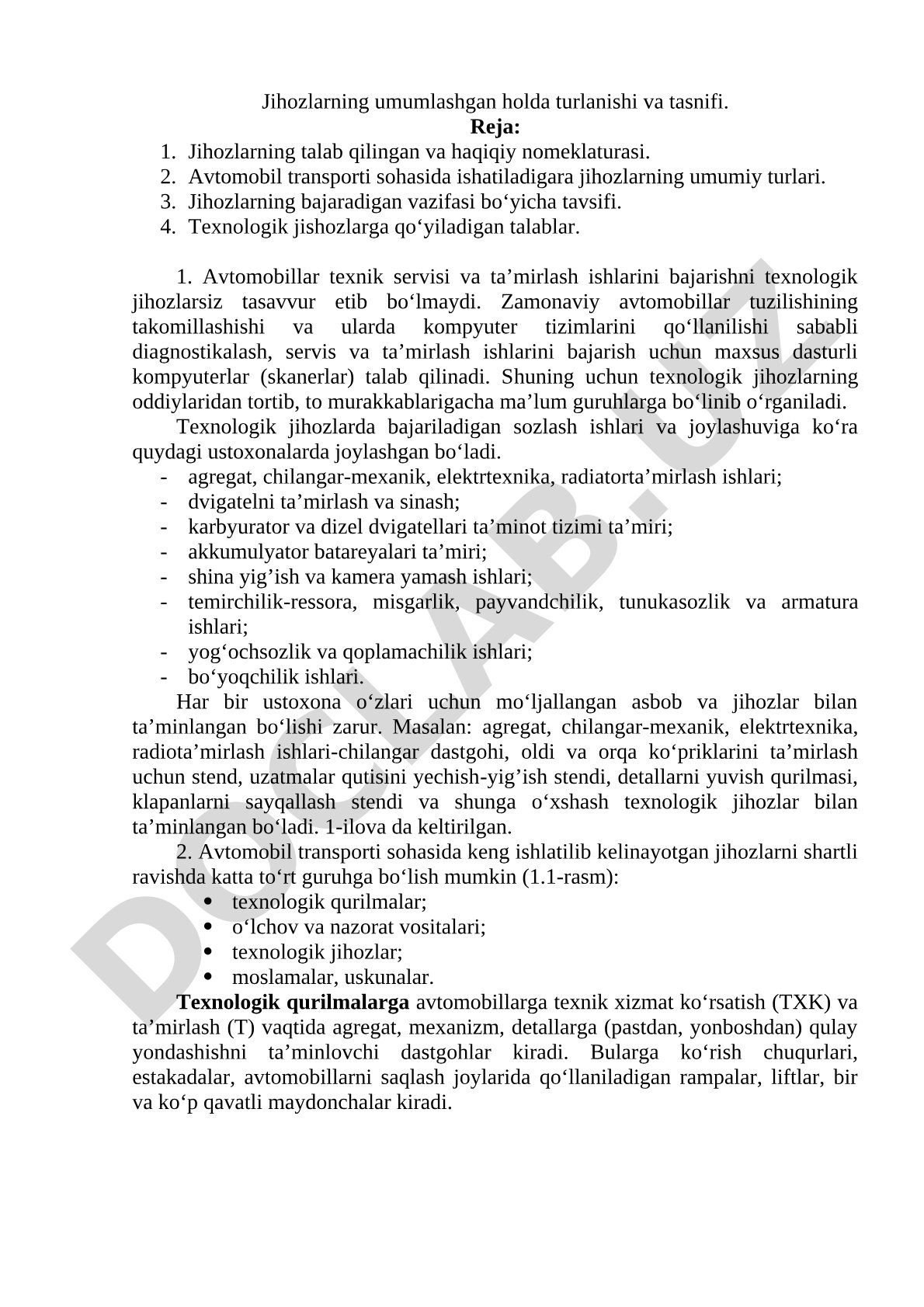 Jihozlarning umumlashgan holda turlanishi va tasnifi