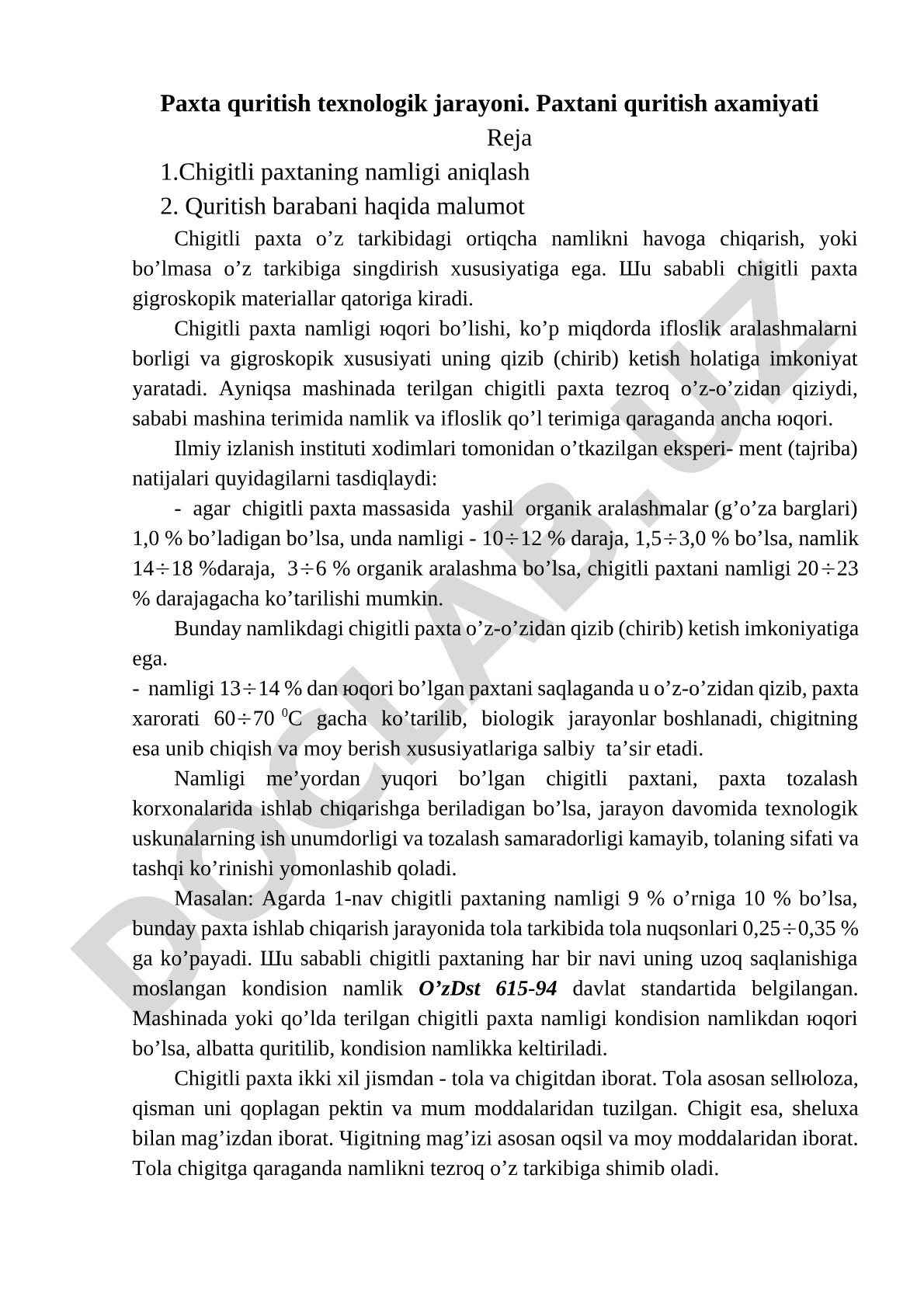 Paxta quritish texnologik jarayoni