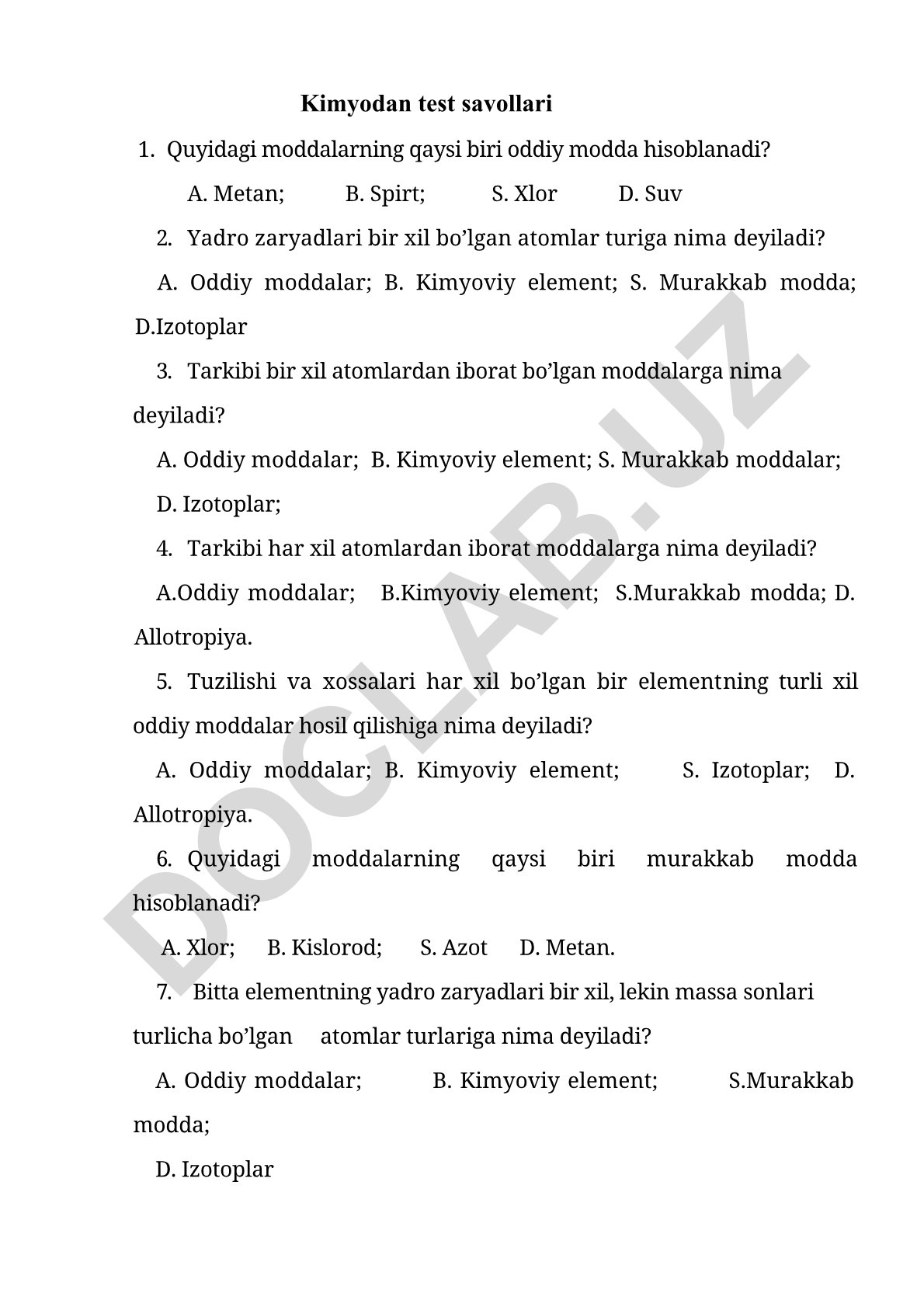Kimyo fanidan test savollari