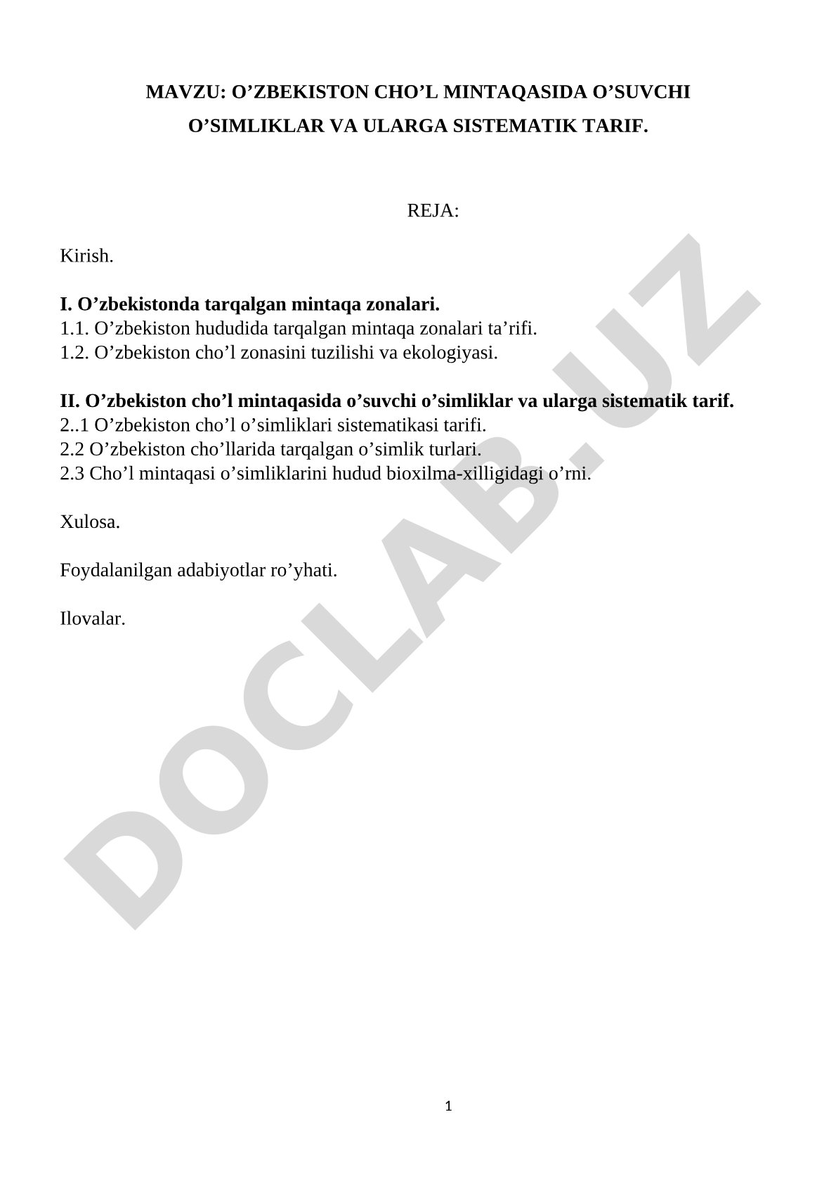 O'zbekiston cho'l mintaqasida o'suvchi o'simliklar va ularga sistematik tarif