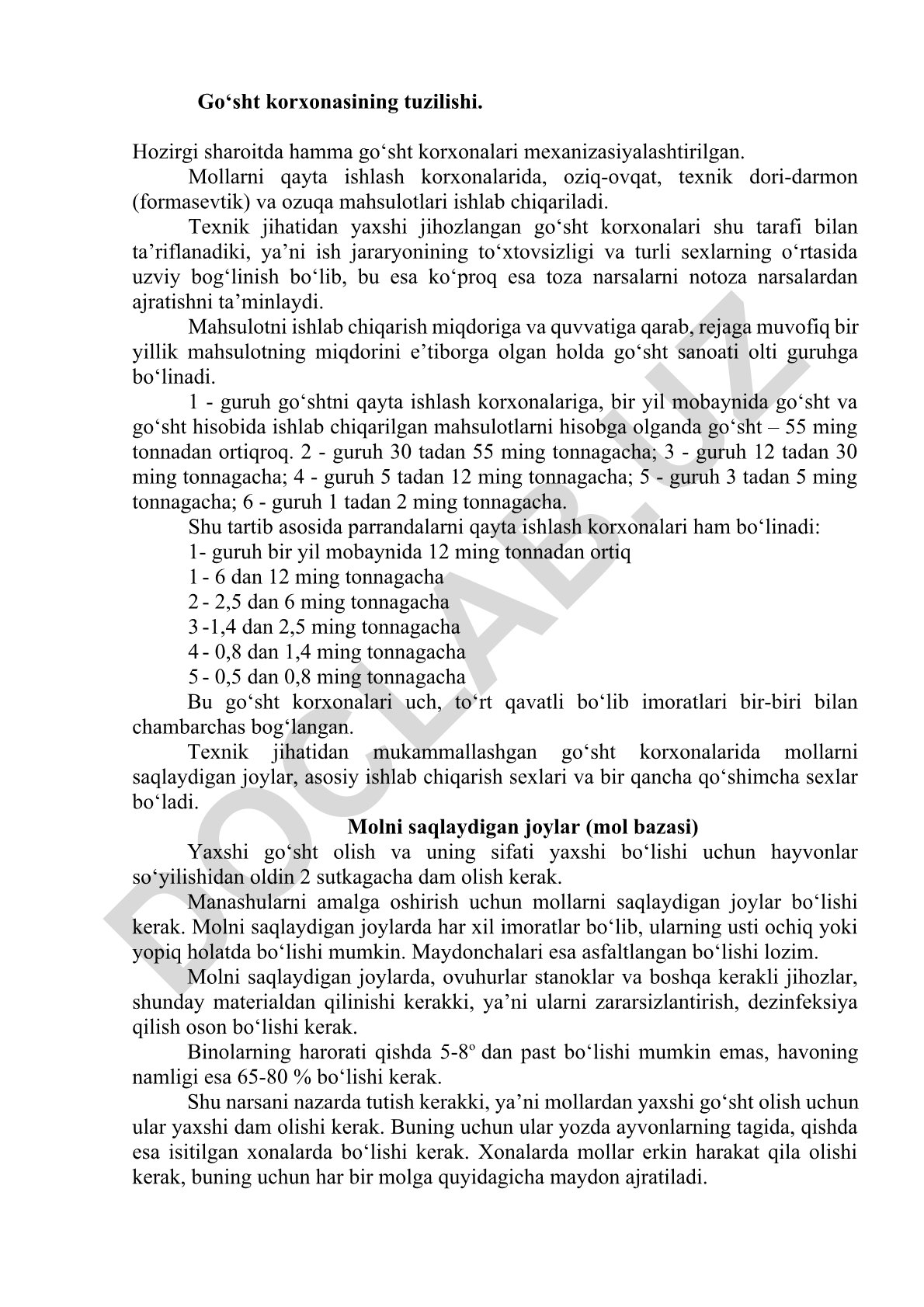 Go‘sht korxonalarining tuzilishi va guruhlarga bo‘linishi