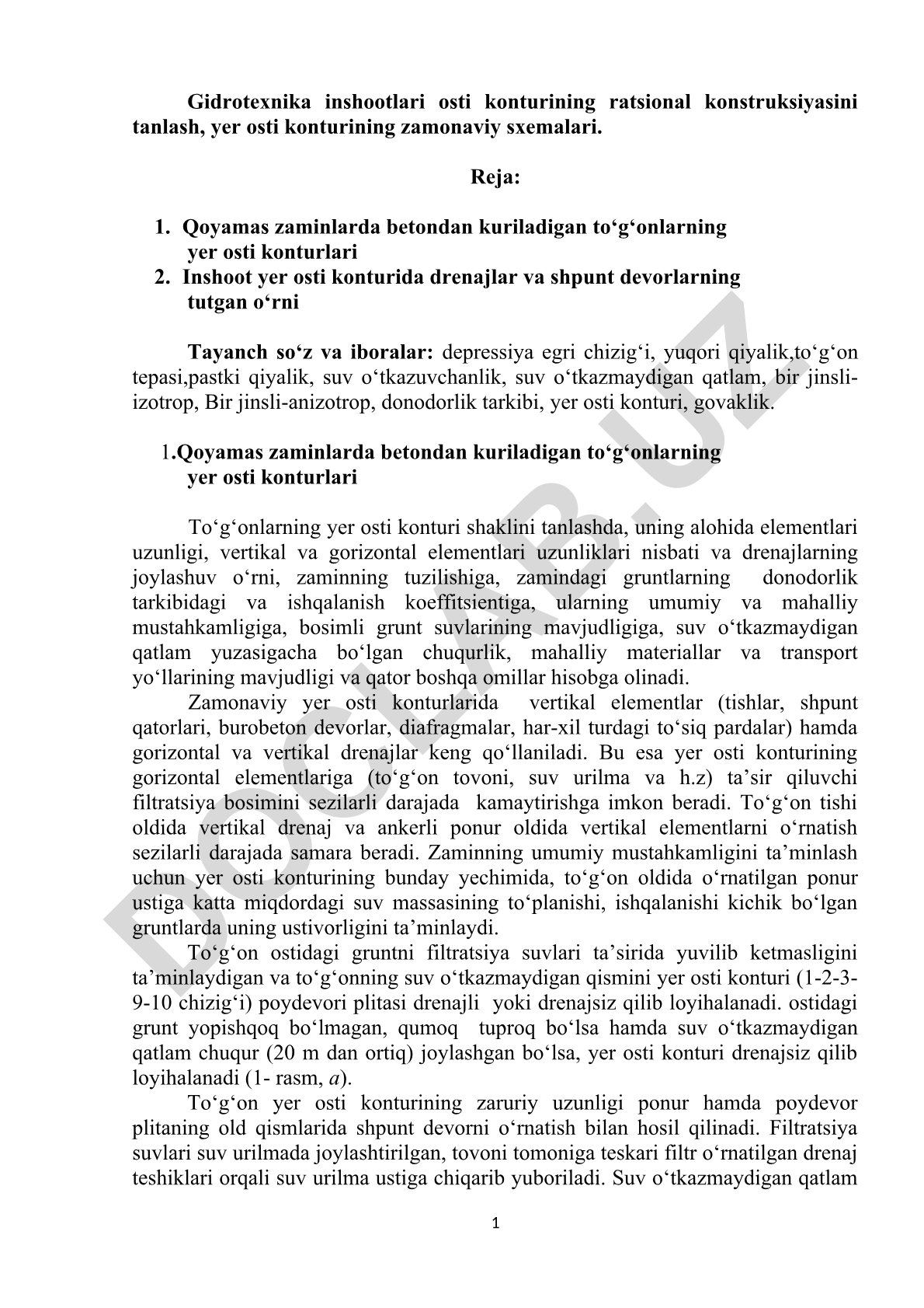 Gidrotexnika inshootlari osti konturining ratsional konstruksiyasini tanlash