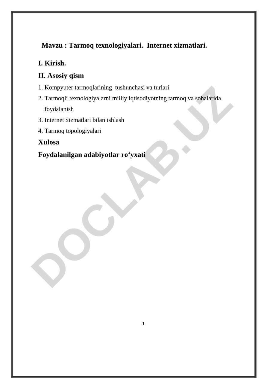 Tarmoq texnologiyalari. Internet xizmatlari