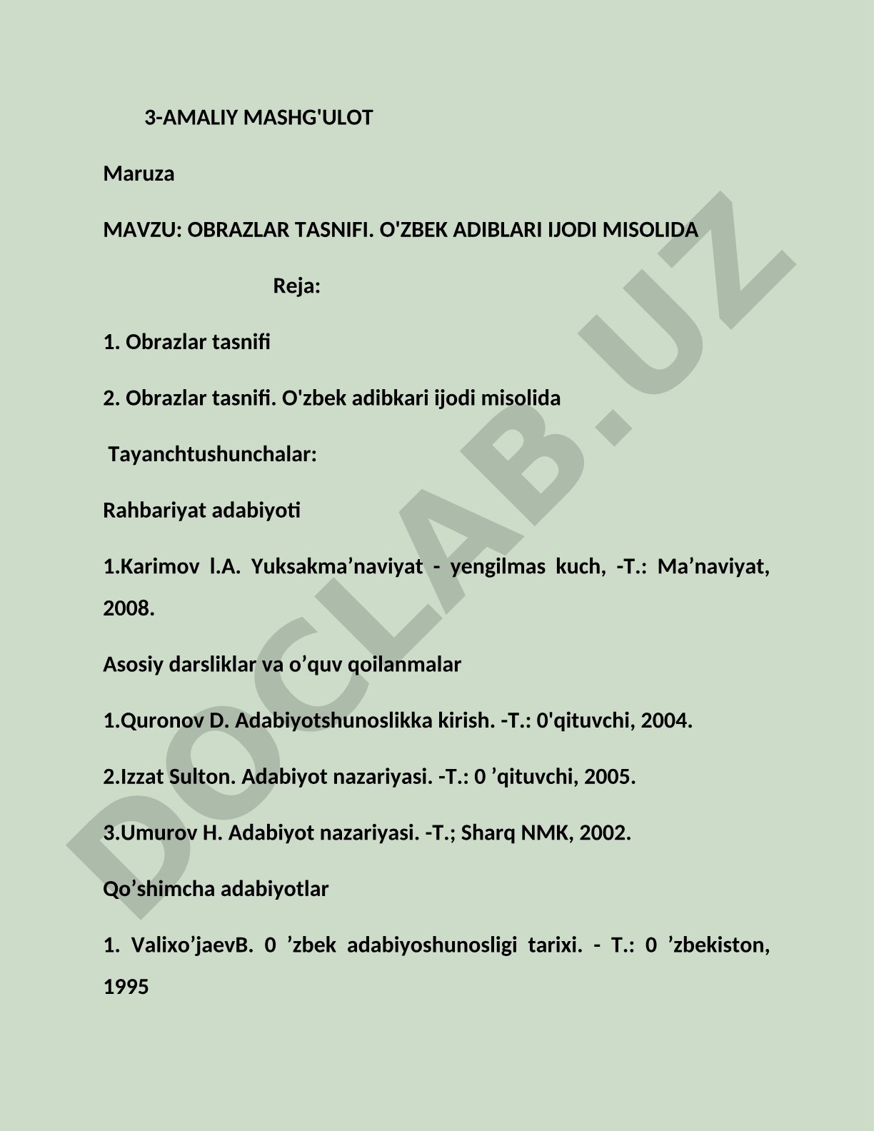 OBRAZLAR TASNIFI. O'ZBEK ADIBLARI IJODI MISOLIDA