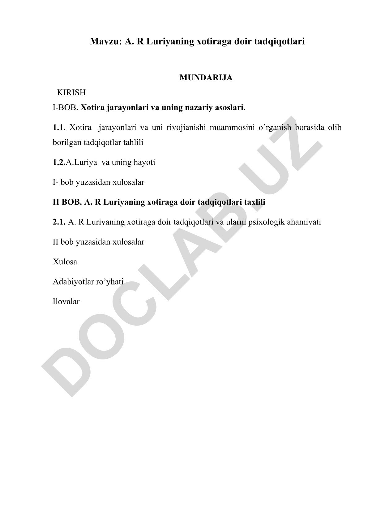 A. R Luriyaning xotiraga doir tadqiqotlari